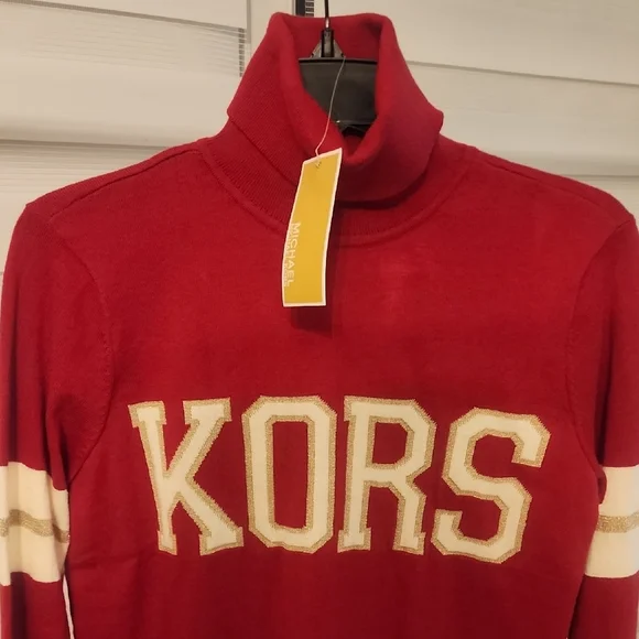 Michael Kors Red Turtleneck Sweater with Cream Accents - Picture 2 of 5